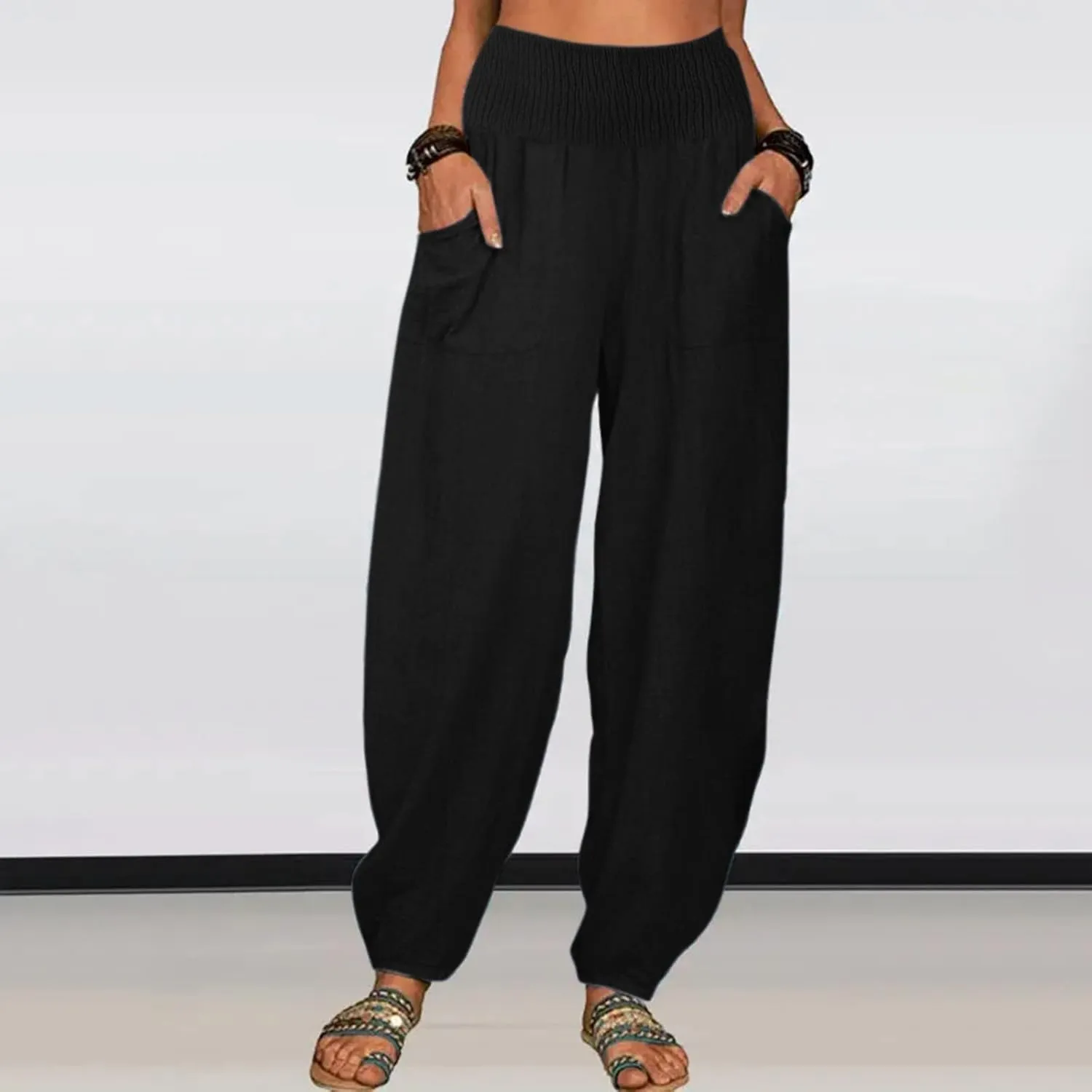 2024 Women Yoga Harem Pants Cotton Linen High Waist Elastic Ankle Pants Solid Casual Flowy Loose Sweatpants Trousers Pockets