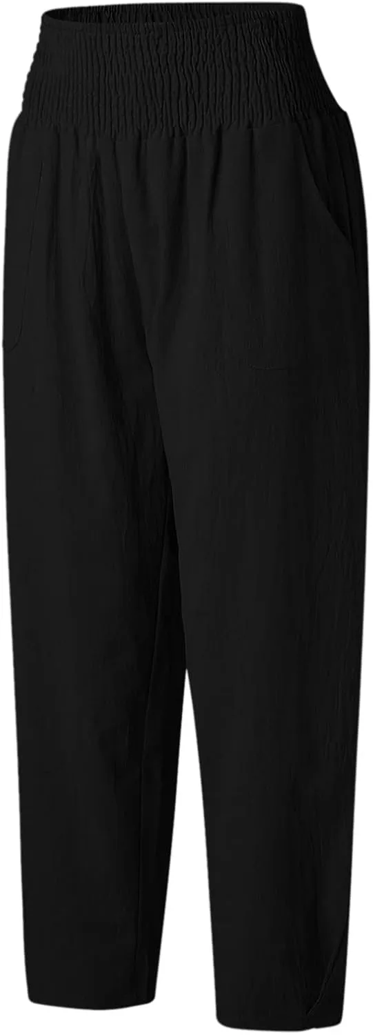 2024 Women Yoga Harem Pants Cotton Linen High Waist Elastic Ankle Pants Solid Casual Flowy Loose Sweatpants Trousers Pockets