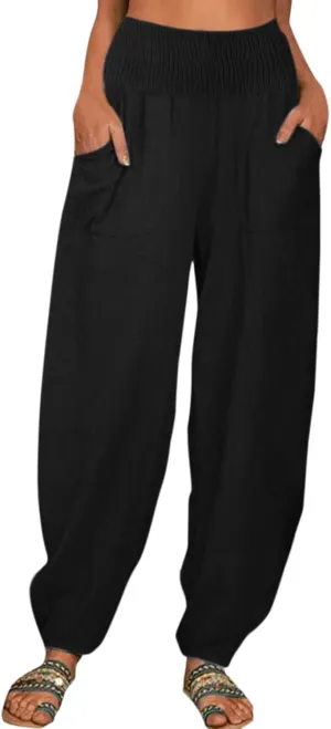 2024 Women Yoga Harem Pants Cotton Linen High Waist Elastic Ankle Pants Solid Casual Flowy Loose Sweatpants Trousers Pockets