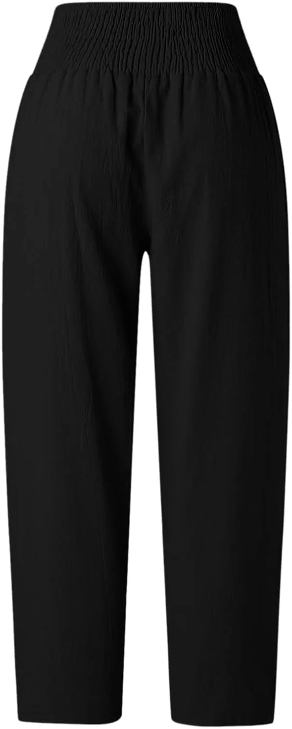 2024 Women Yoga Harem Pants Cotton Linen High Waist Elastic Ankle Pants Solid Casual Flowy Loose Sweatpants Trousers Pockets
