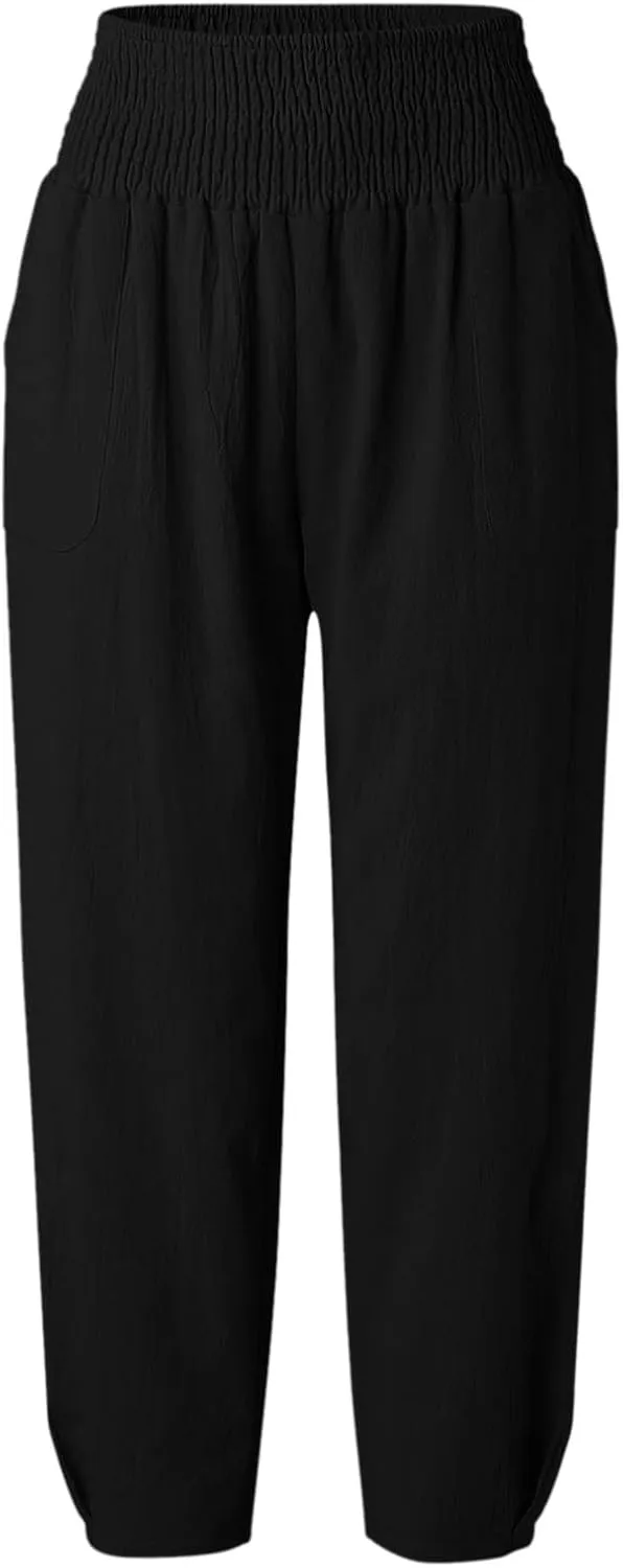2024 Women Yoga Harem Pants Cotton Linen High Waist Elastic Ankle Pants Solid Casual Flowy Loose Sweatpants Trousers Pockets