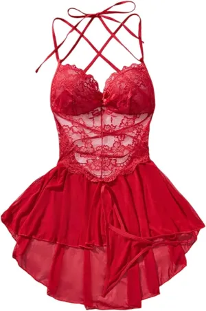 2025 Boudoir Nighty with Garter Belt Women's Pajama Sets Loungewear Lingerie Sexy Lace Mesh Chemise Negligees