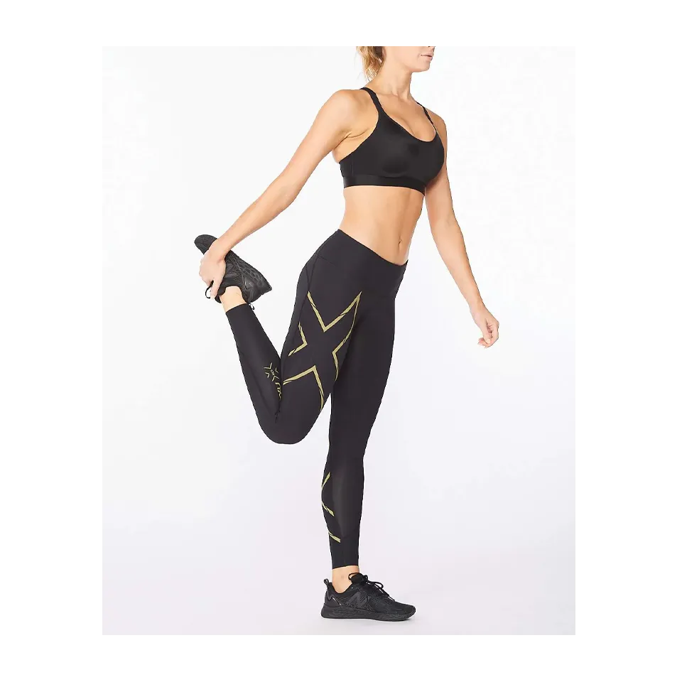 2XU Women's Light Speed Mid-Rise Compression Tights Black/Gold Reflective
