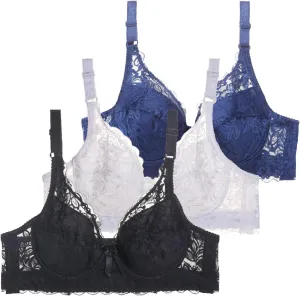3-Pack Lace Underwire Push Up Bras for Women Full Coverage Adjustable Straps Anti-Sagging Breathable Lingerie Set Black