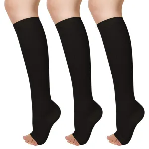 3 Pairs Open Toe Compression Socks Women Knee High Toeless 15-25 mmHg (XXL) Black3 2X-Large (3 Pair)