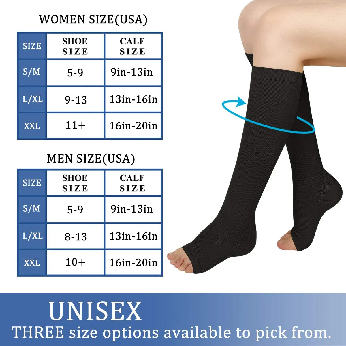3 Pairs Open Toe Compression Socks Women Knee High Toeless 15-25 mmHg (XXL) Black3 2X-Large (3 Pair)