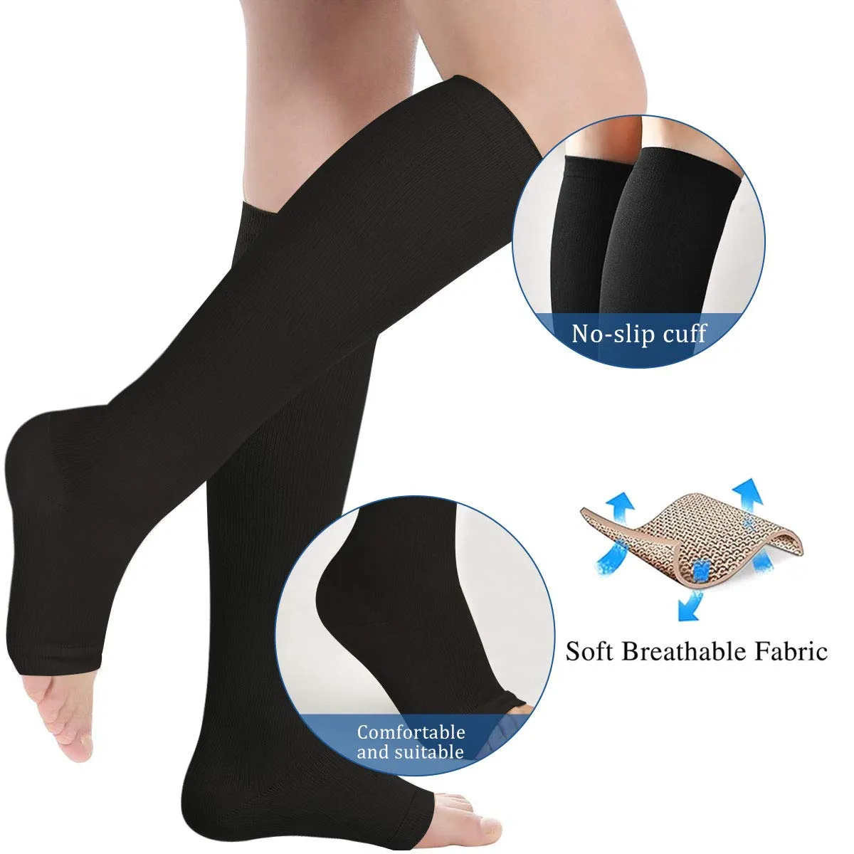 3 Pairs Open Toe Compression Socks Women Knee High Toeless 15-25 mmHg (XXL) Black3 2X-Large (3 Pair)
