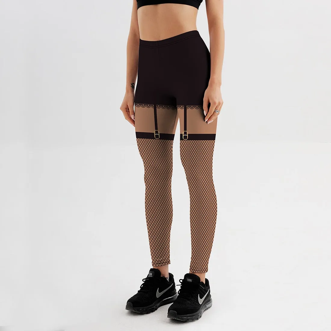 3D Digital Style Leggings For Women Black Detachable Mesh