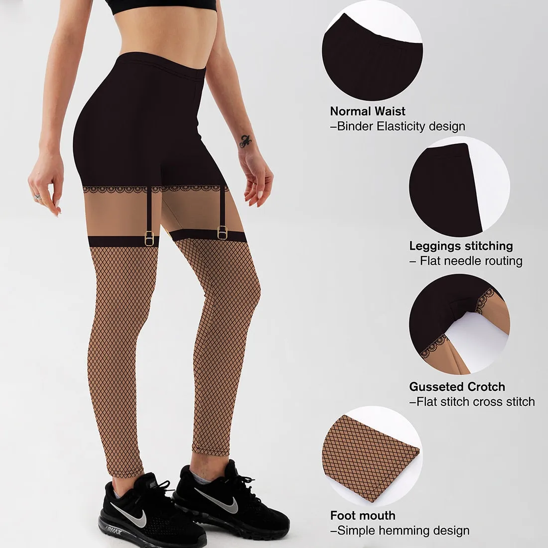 3D Digital Style Leggings For Women Black Detachable Mesh