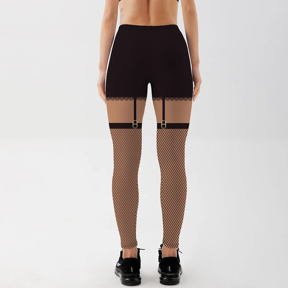 3D Digital Style Leggings For Women Black Detachable Mesh