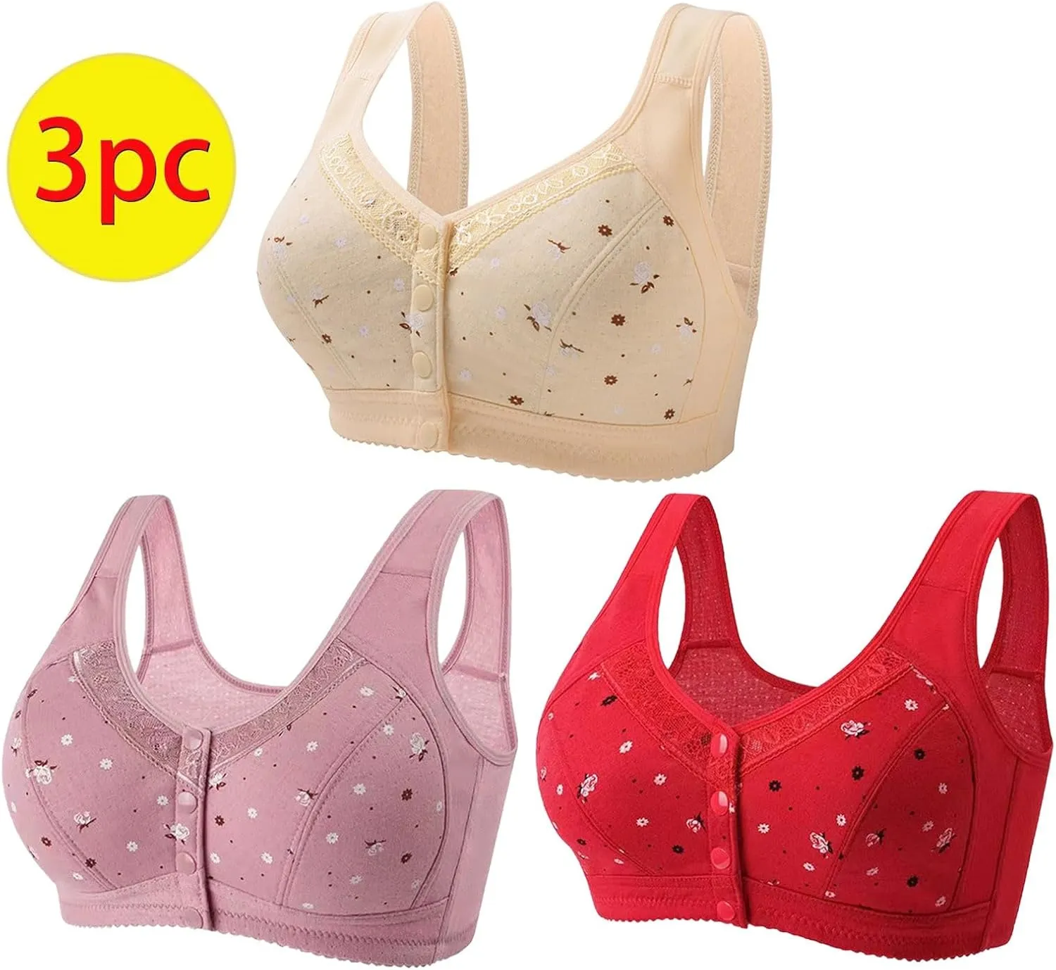 3Pcs Daisy Bras for Older Women No Underwire Front Side Buckle Lace Edge Bras Seamless Plus Size Breathable Bralettes