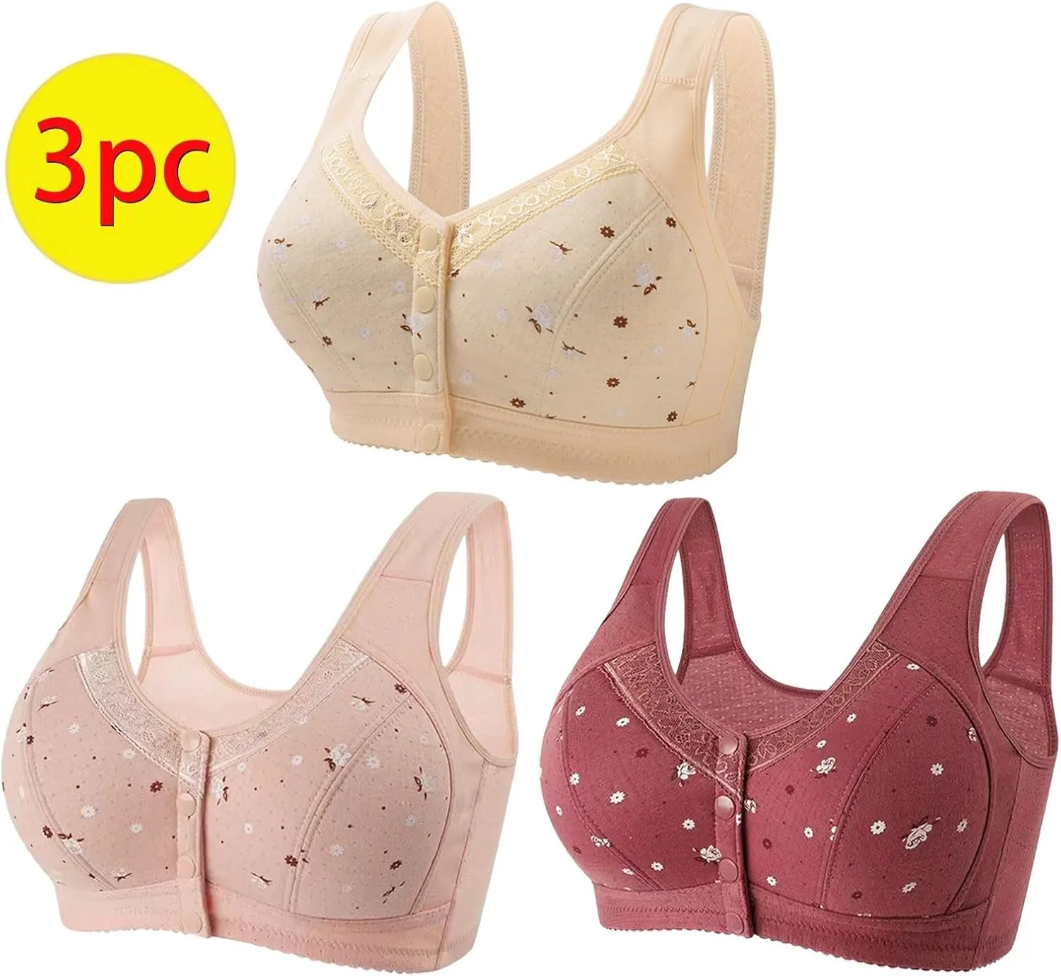 3Pcs Daisy Bras for Older Women No Underwire Front Side Buckle Lace Edge Bras Seamless Plus Size Breathable Bralettes