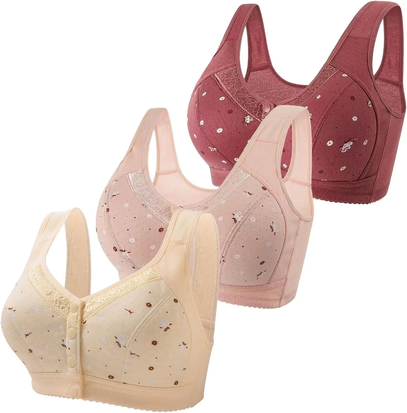 3Pcs Daisy Bras for Older Women No Underwire Front Side Buckle Lace Edge Bras Seamless Plus Size Breathable Bralettes