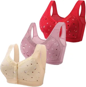 3Pcs Daisy Bras for Older Women No Underwire Front Side Buckle Lace Edge Bras Seamless Plus Size Breathable Bralettes