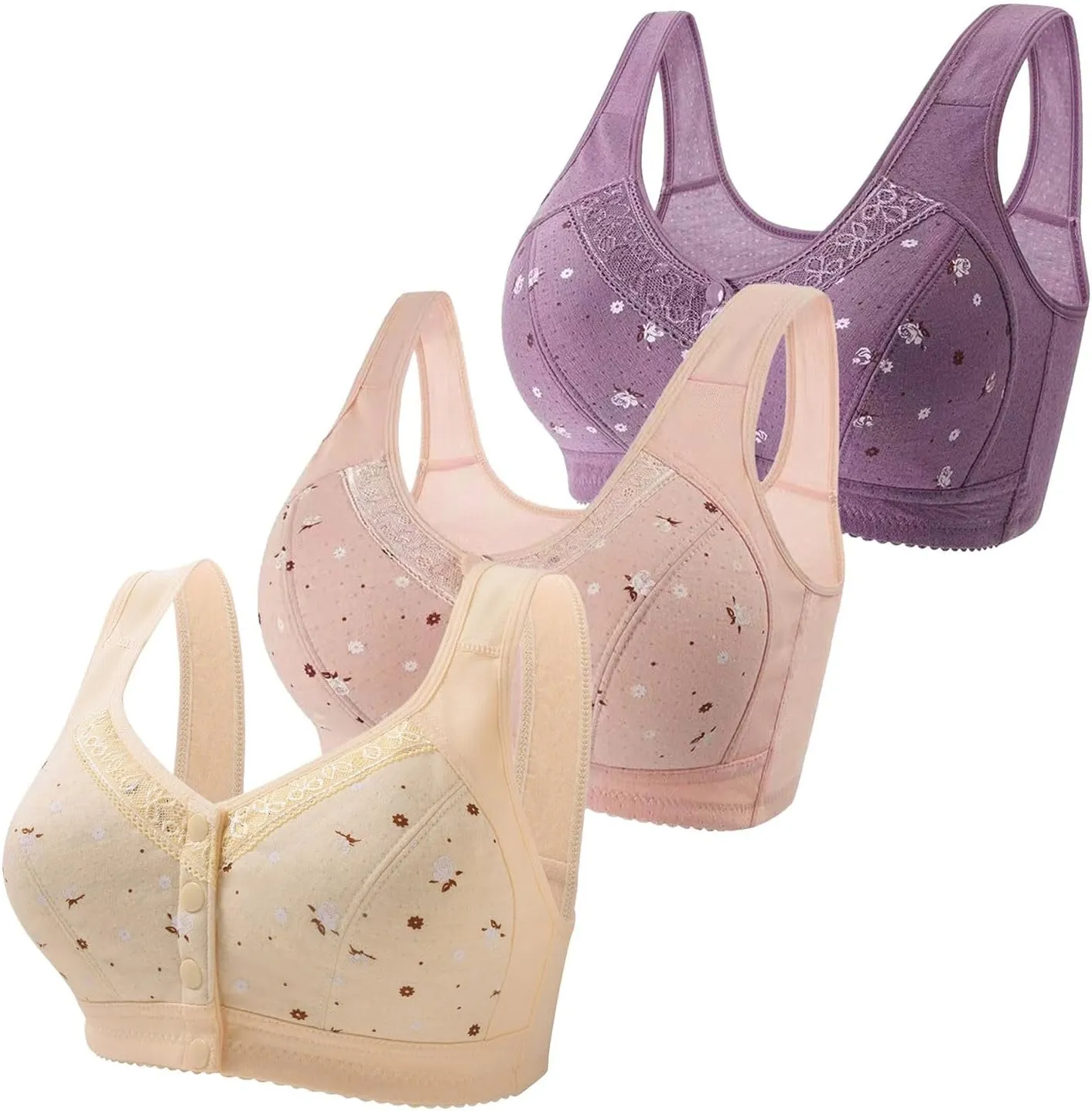 3Pcs Daisy Bras for Older Women No Underwire Front Side Buckle Lace Edge Bras Seamless Plus Size Breathable Bralettes