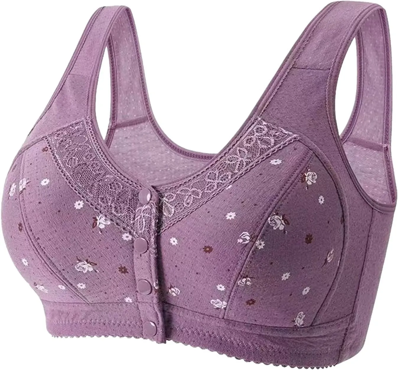 3Pcs Daisy Bras for Older Women No Underwire Front Side Buckle Lace Edge Bras Seamless Plus Size Breathable Bralettes
