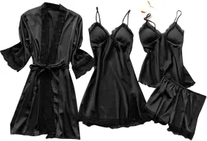 4Pcs Lingerie for Women Sexy Silk Floral Lace Nightie Four-piece set Nightdress Comfort Speghetti Strap Nightgowns Black