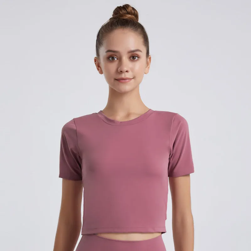 5 Colors Yoga Short Sleeves Solid Color Bare Navel Open Back Yoga Jacket Women Practice Quick Dry Fitness T Shirt
