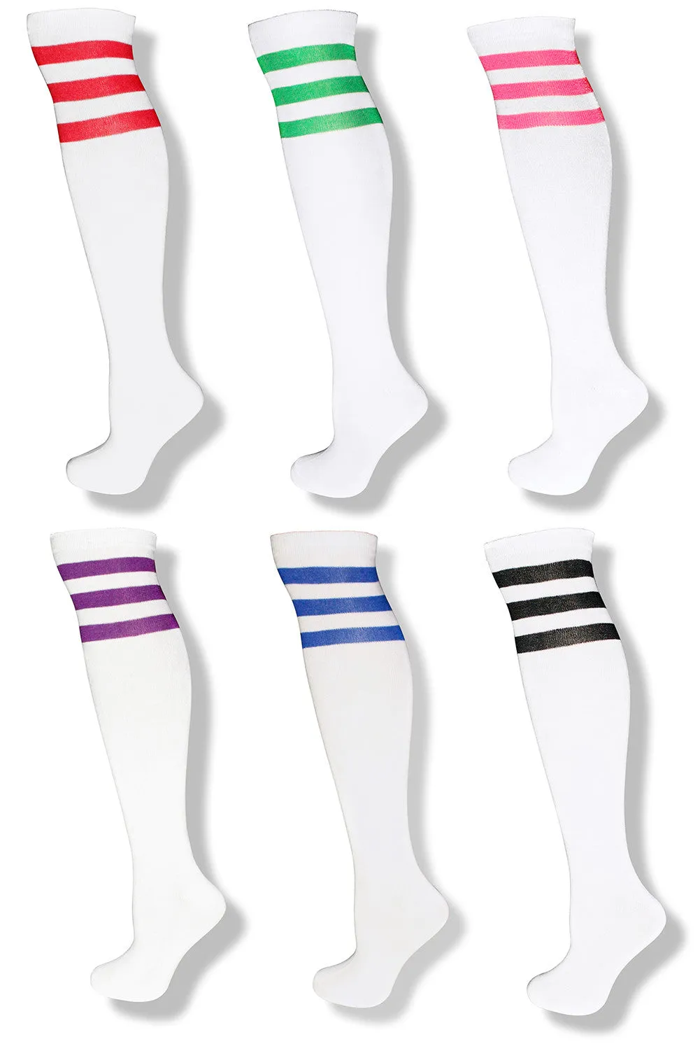 6 Pack Adult Unisex White Knee High Socks w/ Colored Stripes
