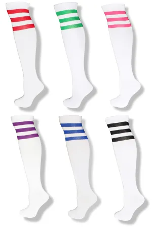 6 Pack Adult Unisex White Knee High Socks w/ Colored Stripes