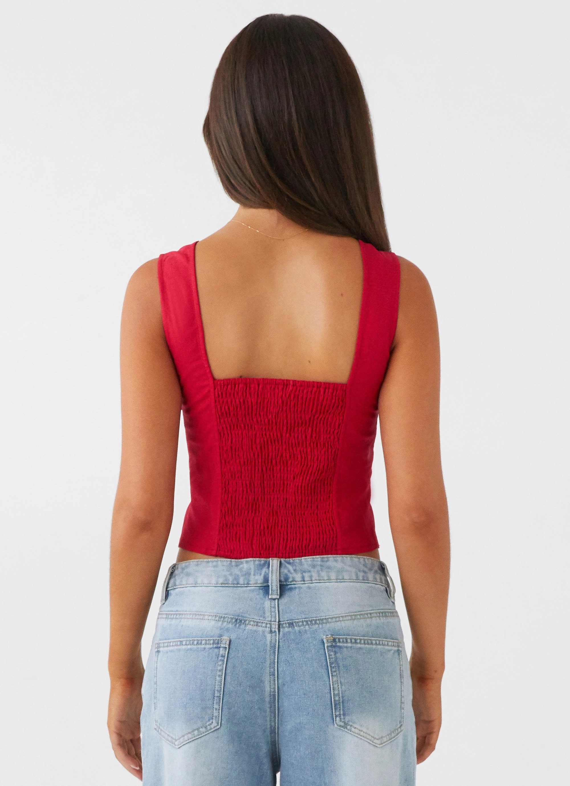 Adjustable Hem Toggles Minimalist Silhouette Cut A Poet's Notes Linen Top - Red