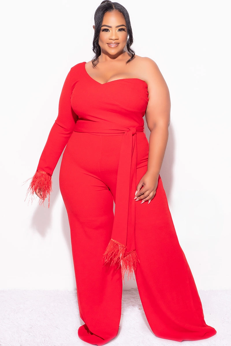 Final Sale Plus Size One Shoulder Long Sleeve Feather Cuff Jumpsuit with Tie in Red Reflective Safety Trim Comfy Cardigan
