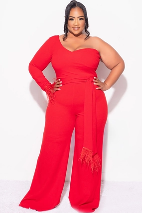 Final Sale Plus Size One Shoulder Long Sleeve Feather Cuff Jumpsuit with Tie in Red MultiPanelDesign Ribbed Neckline