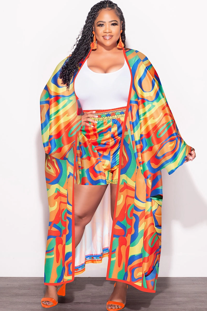 Final Sale Plus Size 2pc Set Duster & Shorts in Yellow Mixed Print Timeless Style