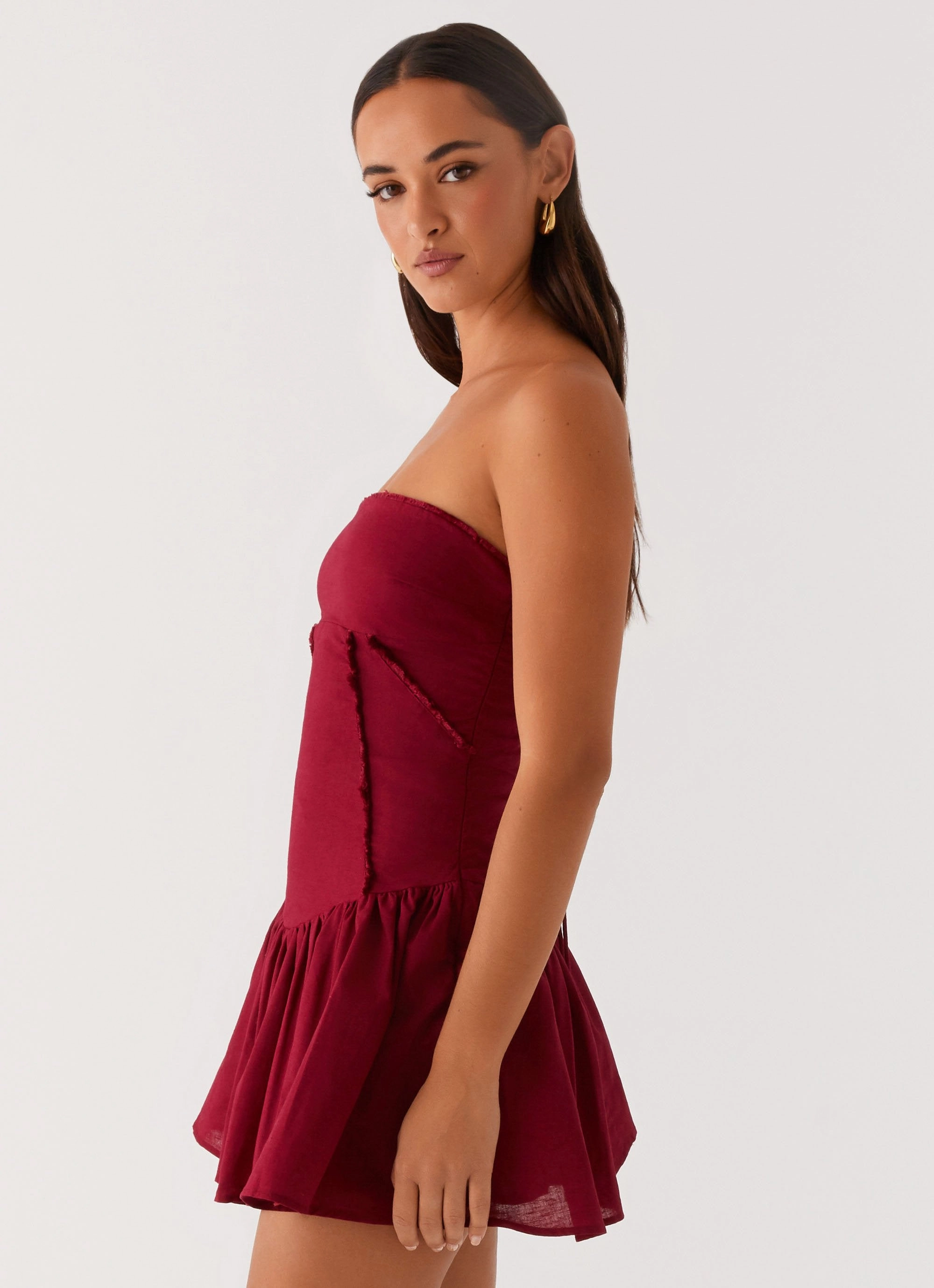 Larnie Linen Mini Dress - Deep Red Button Chic Practical-Style