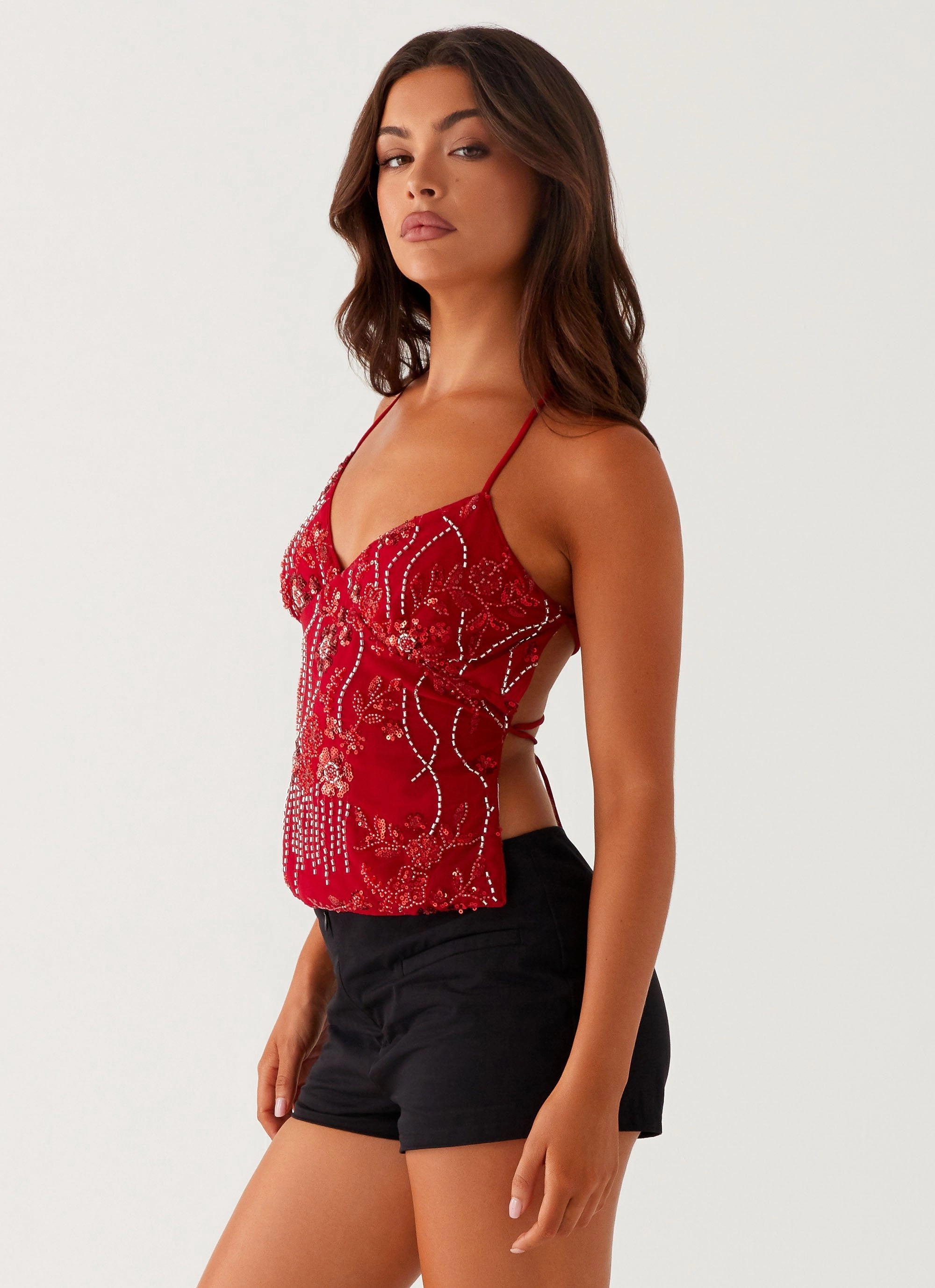 Anti Pilling Fabric Kamilla Sequin Cami Top - Red