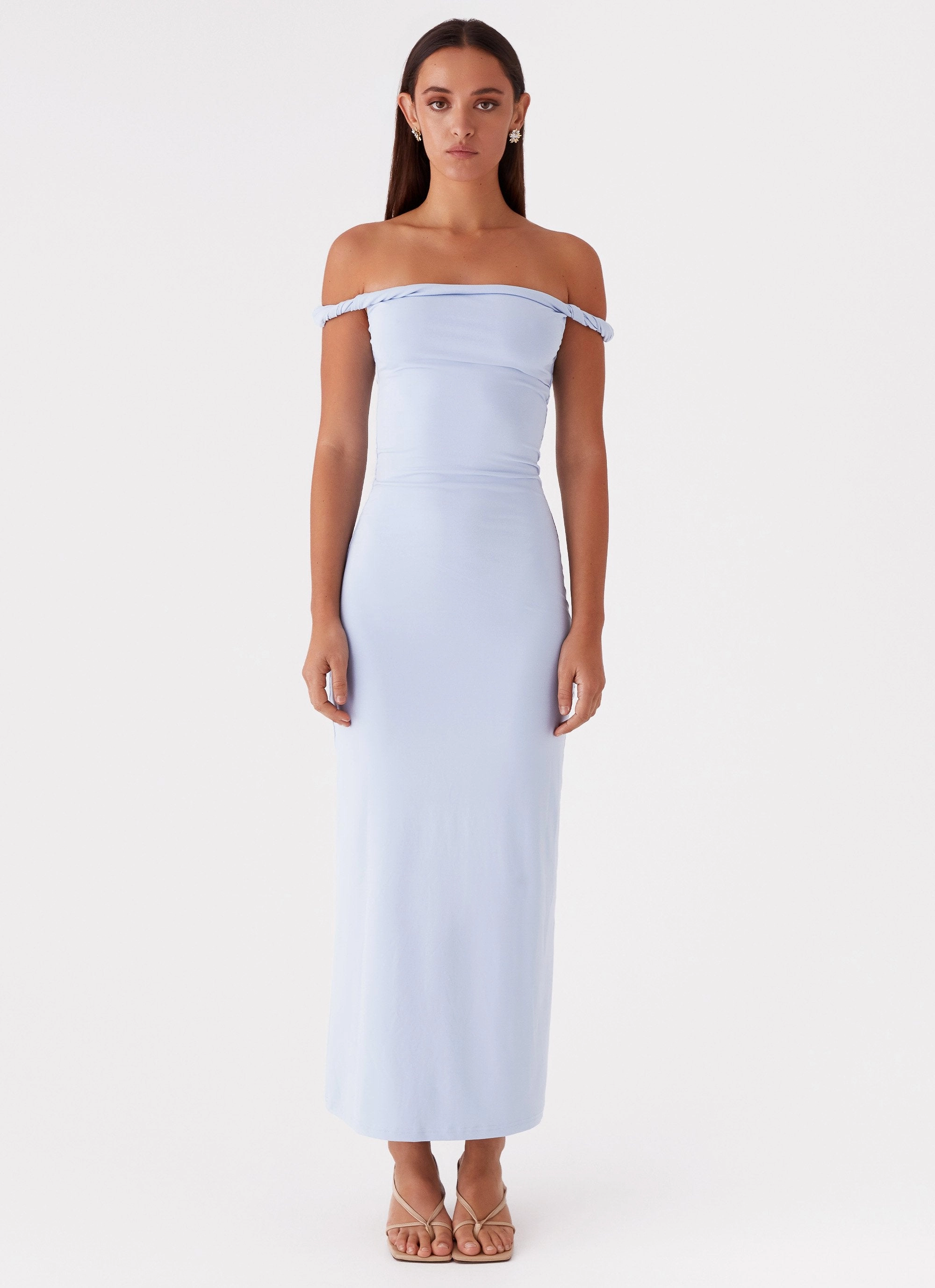 Luxe Wear Zip Closure Arabella Twist Shoulder Maxi Dress - Blue