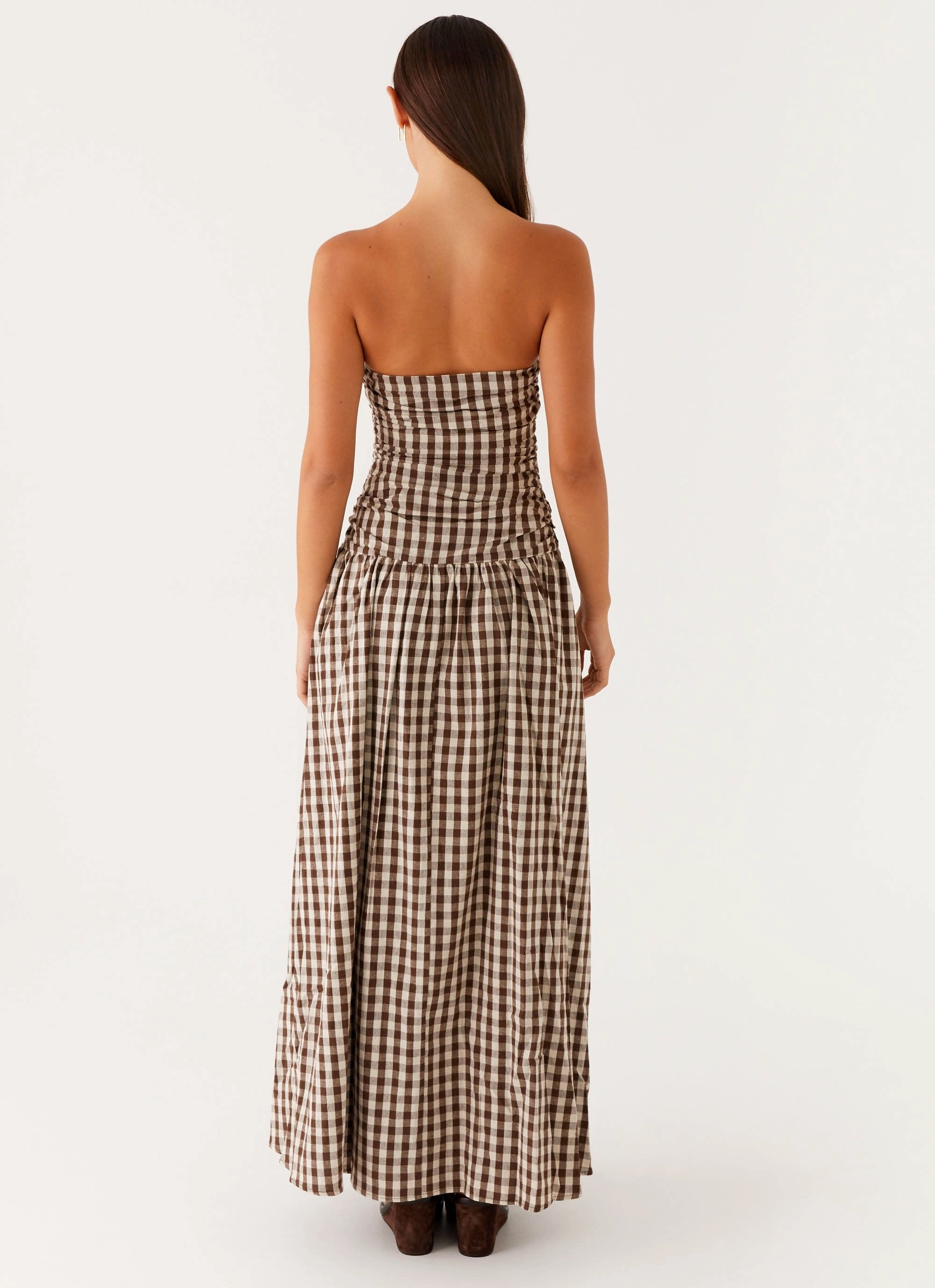 Layered-Sleeve Minimal Tone Carmel Maxi Dress - Brown Gingham