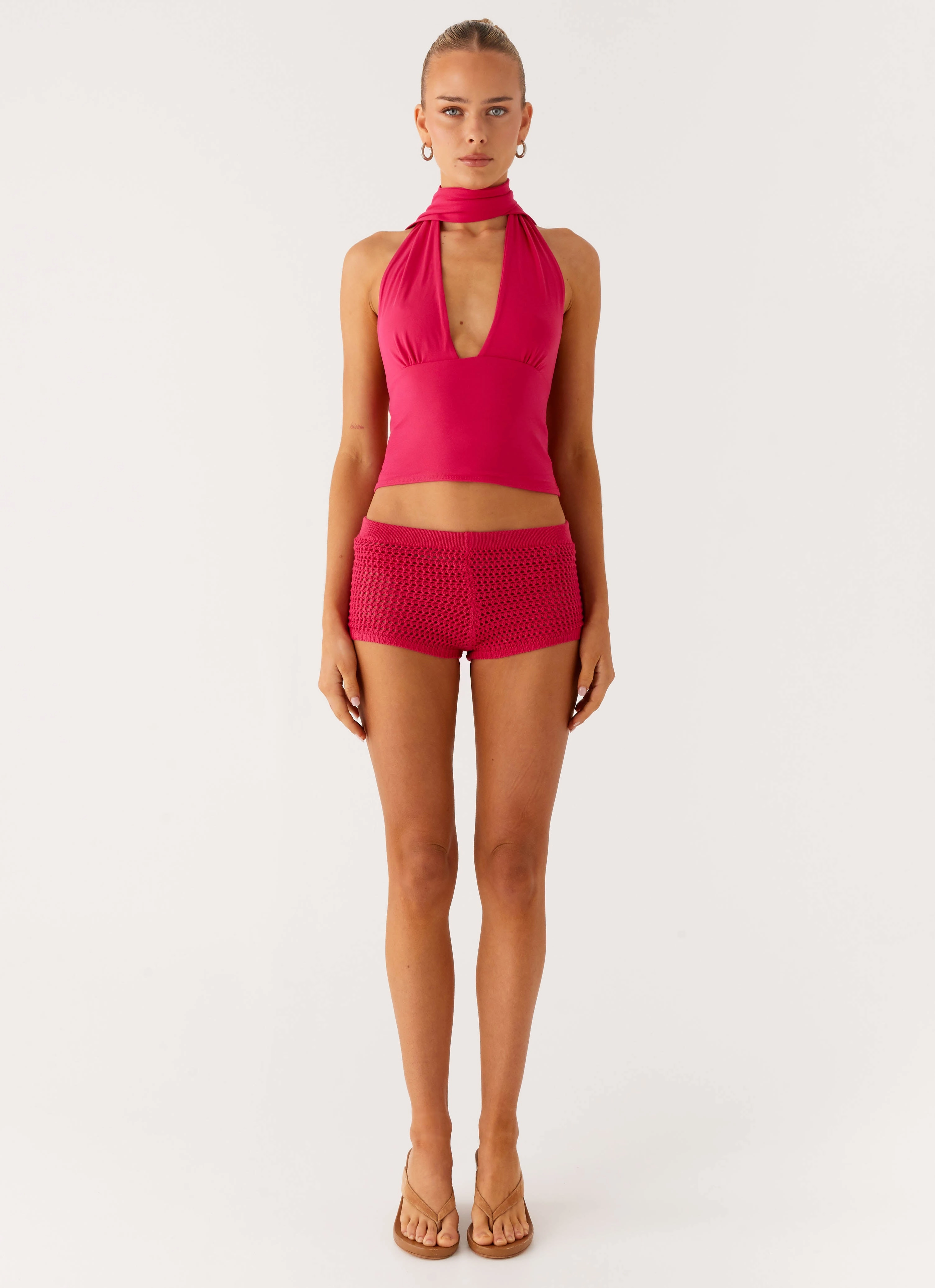 HighRiseWaist Slim Fit Wear Lukella Crochet Mini Short - Hot Pink