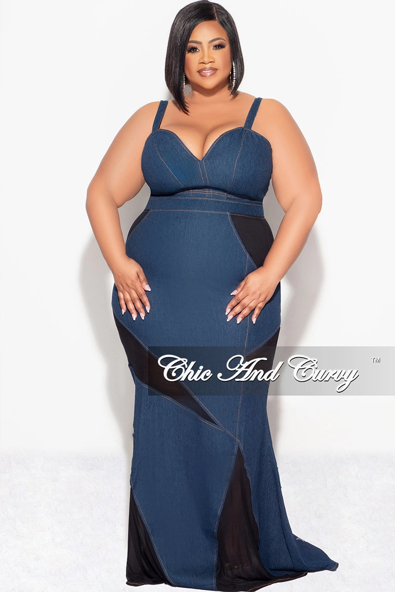 Reflective Trim Options Light Fabric Final Sale Plus Size 2pc Spaghetti Strap Crop Top and Sheer Maxi Skirt Set in Denim and Black