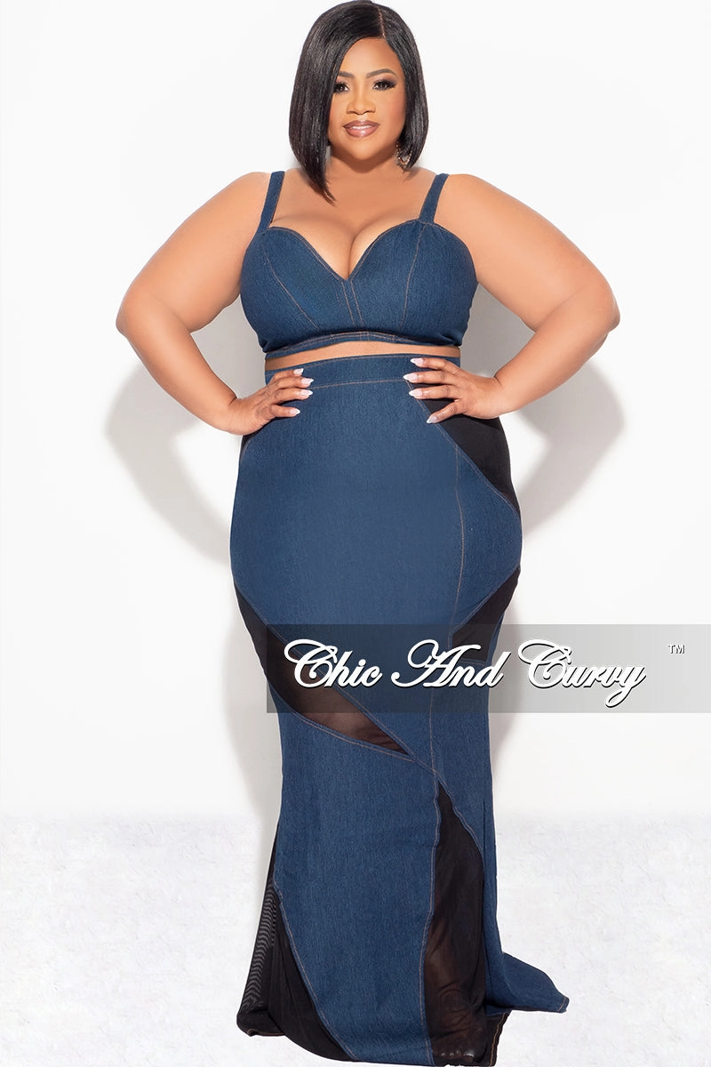 Final Sale Plus Size 2pc Spaghetti Strap Crop Top and Sheer Maxi Skirt Set in Denim and Black Stretchy Material Flexible Cut