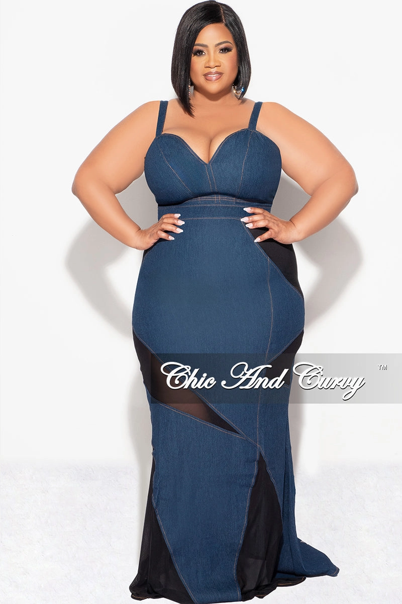 Final Sale Plus Size 2pc Spaghetti Strap Crop Top and Sheer Maxi Skirt Set in Denim and Black ThermalRegulation Lightweight Weave