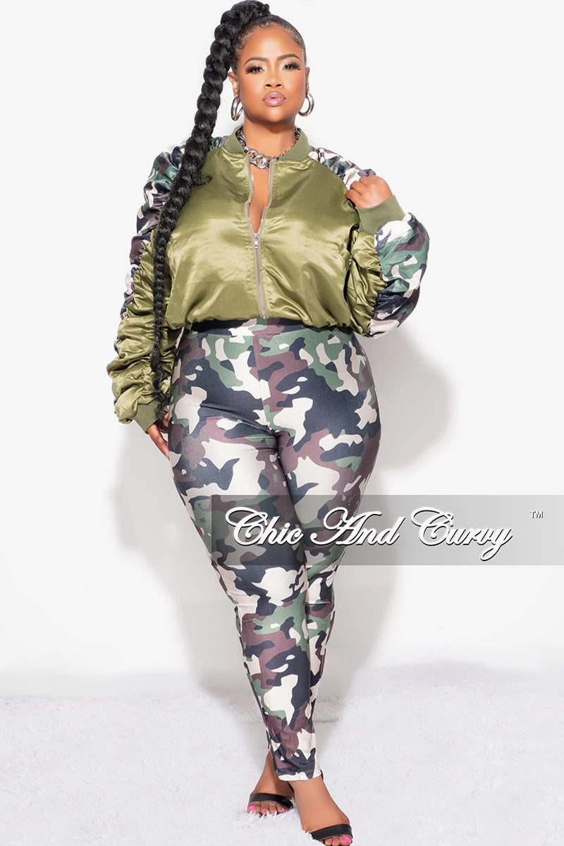 Final Sale Plus Size 2pc Satin Crop Zip Up Jacket and Legging Set in Camouflage Print Modular Attachment