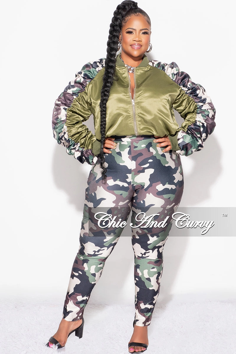 Final Sale Plus Size 2pc Satin Crop Zip Up Jacket and Legging Set in Camouflage Print Ultimate Comfort Moisture control