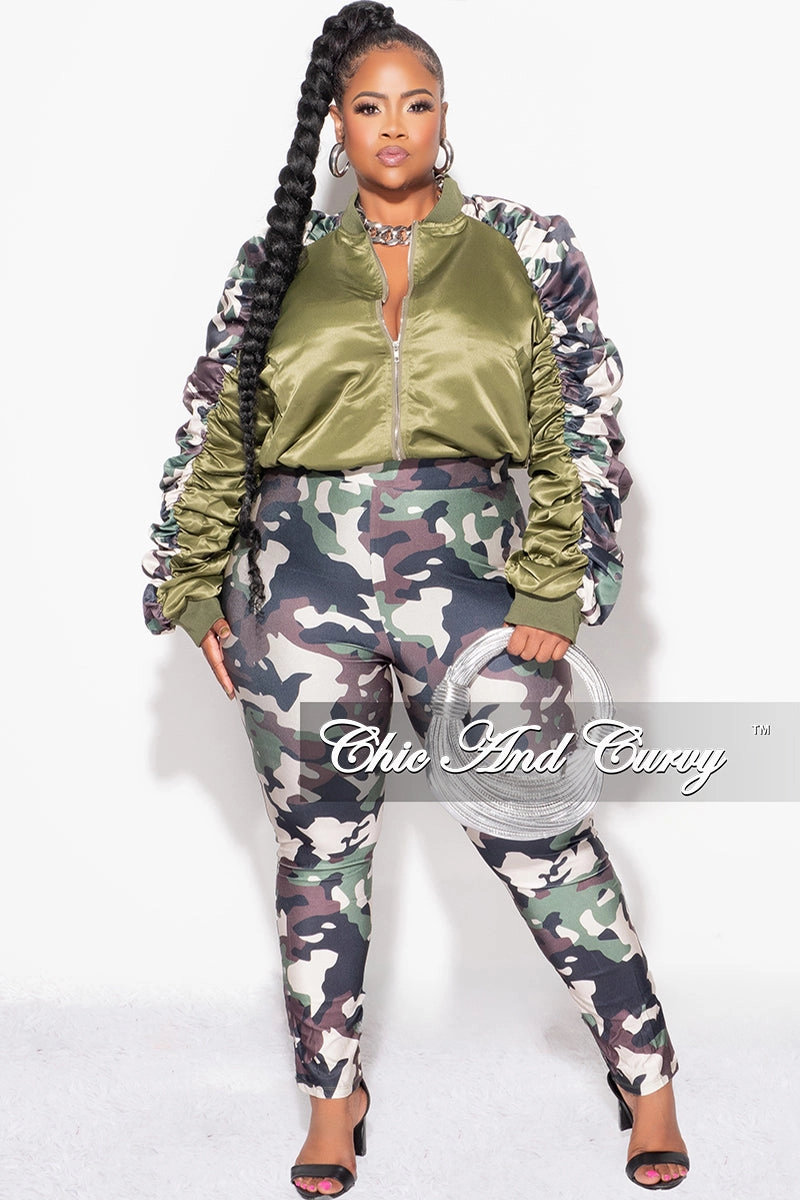 Final Sale Plus Size 2pc Satin Crop Zip Up Jacket and Legging Set in Camouflage Print Abrasion Resistant Fabric Core Stretch