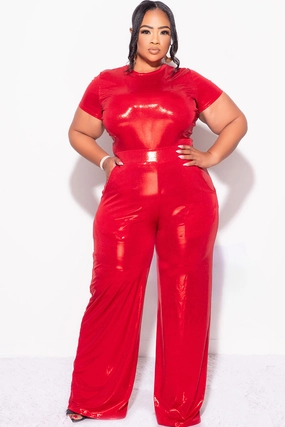 Final Sale Plus Size 2pc Crop Top & Palazzo Pant Set in Metallic Red Sustainable Textile OversizedSilhouette