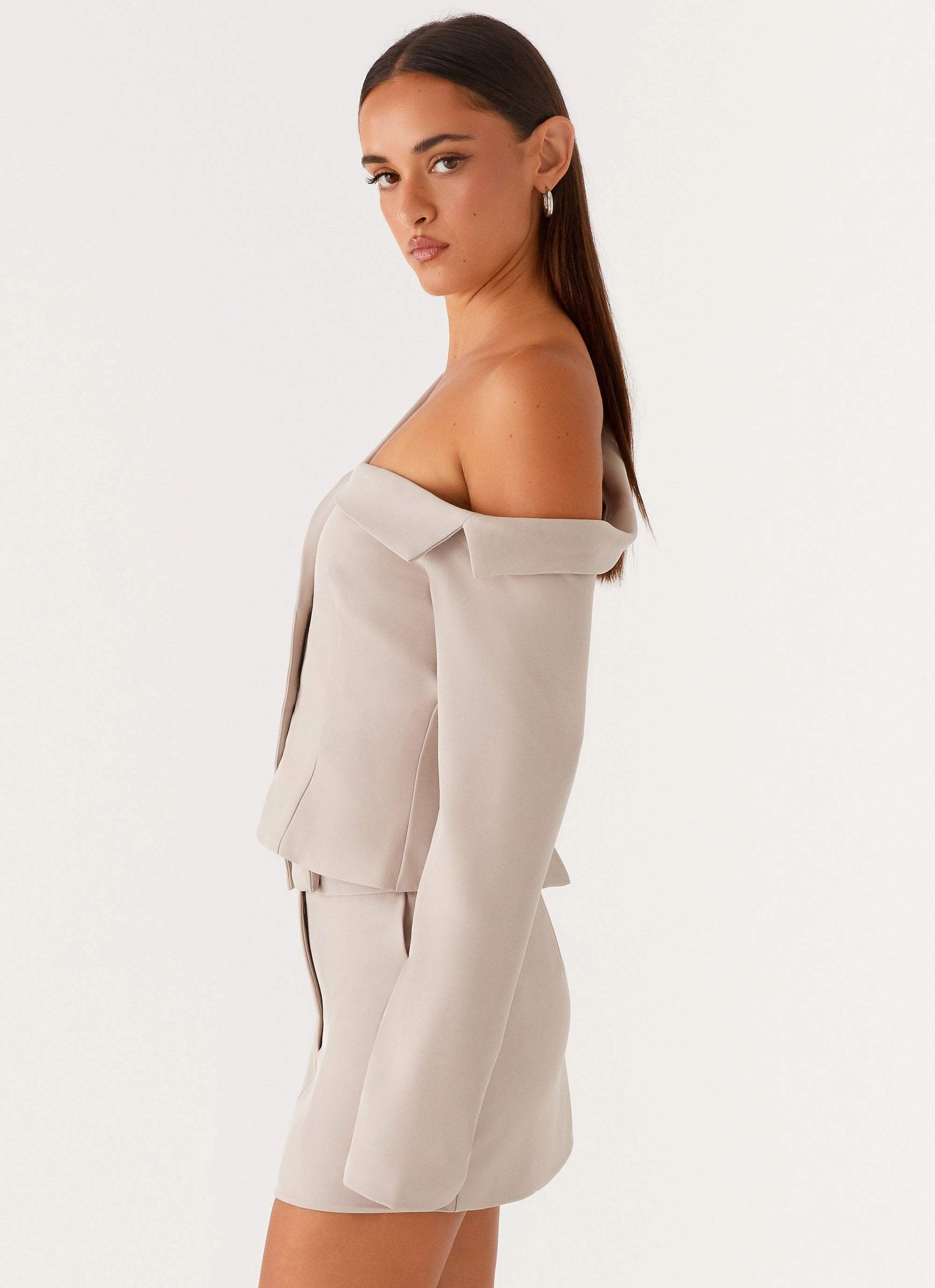 Odor control High Visibility Trims Looking Good Off Shoulder Blazer - Pebble