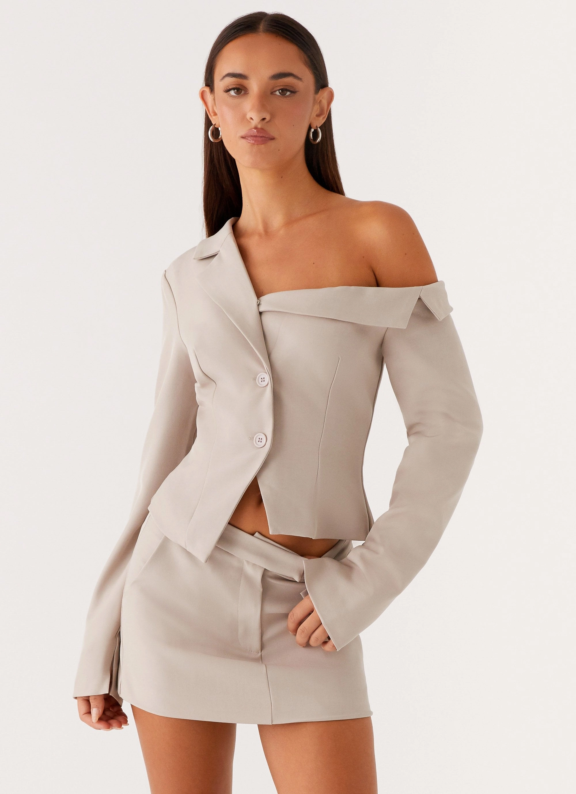 Looking Good Off Shoulder Blazer - Pebble Simple Comfort