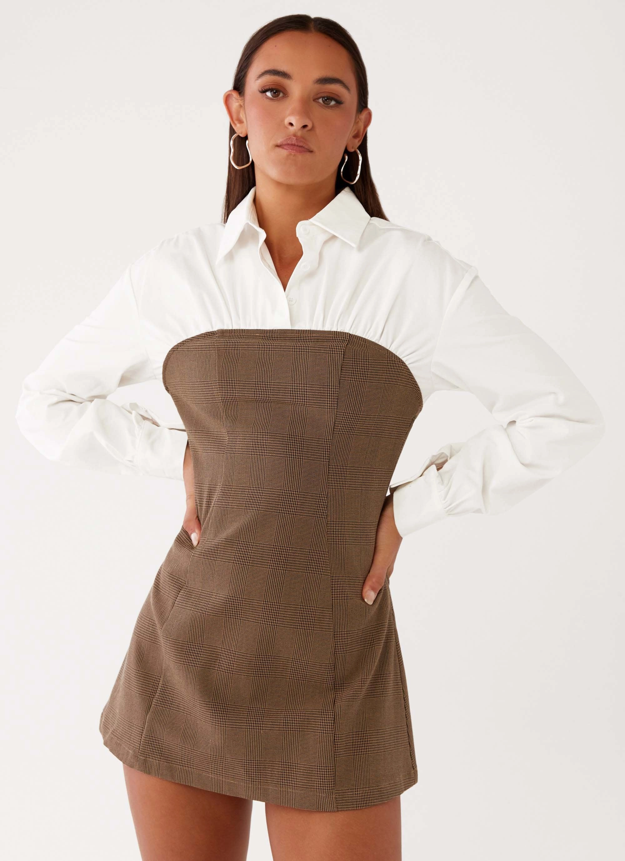 Walk Mood Flattering Look Adelaide Shirt Mini Dress - Brown