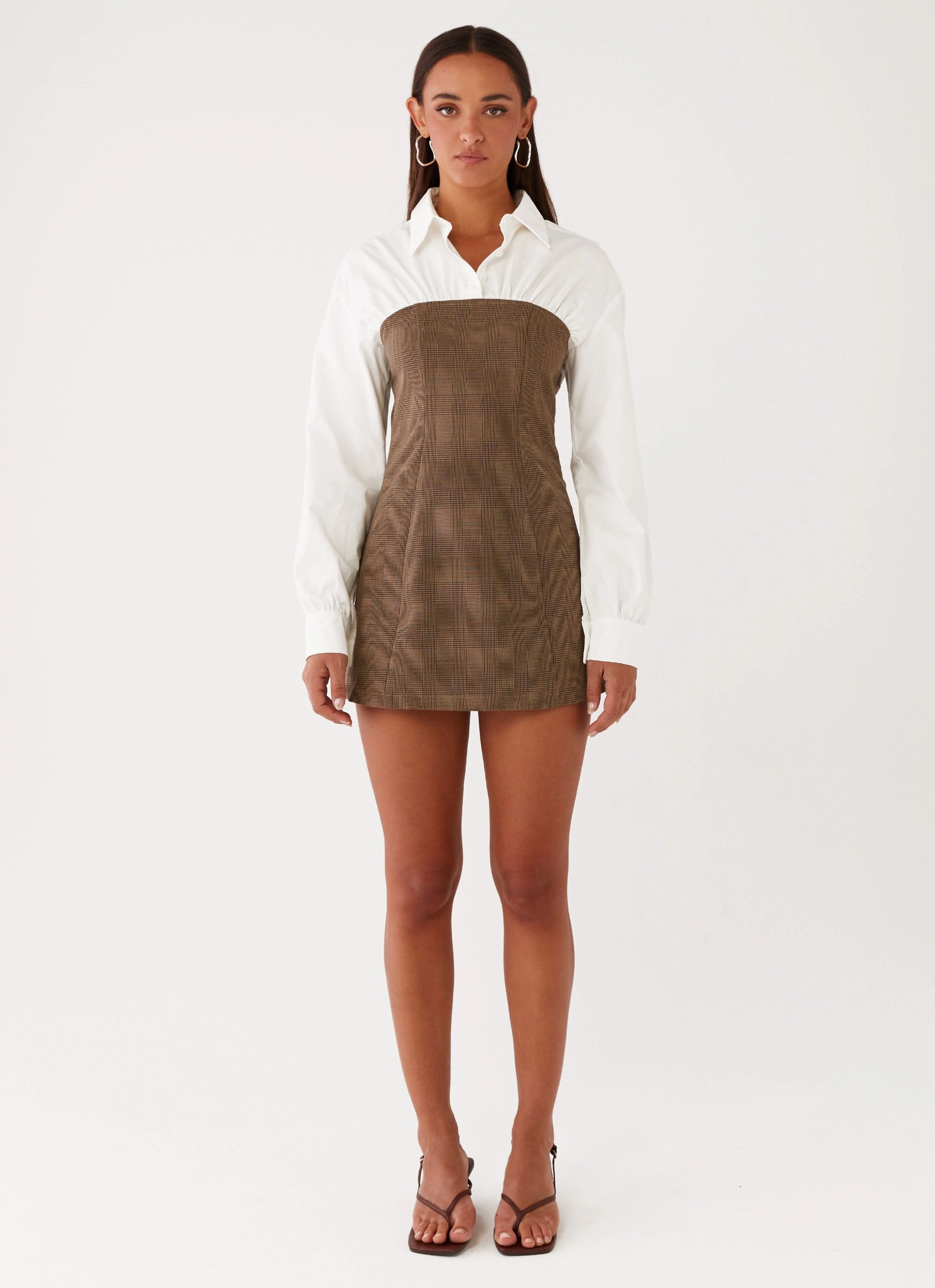 Tall Girl Pleated design Adelaide Shirt Mini Dress - Brown