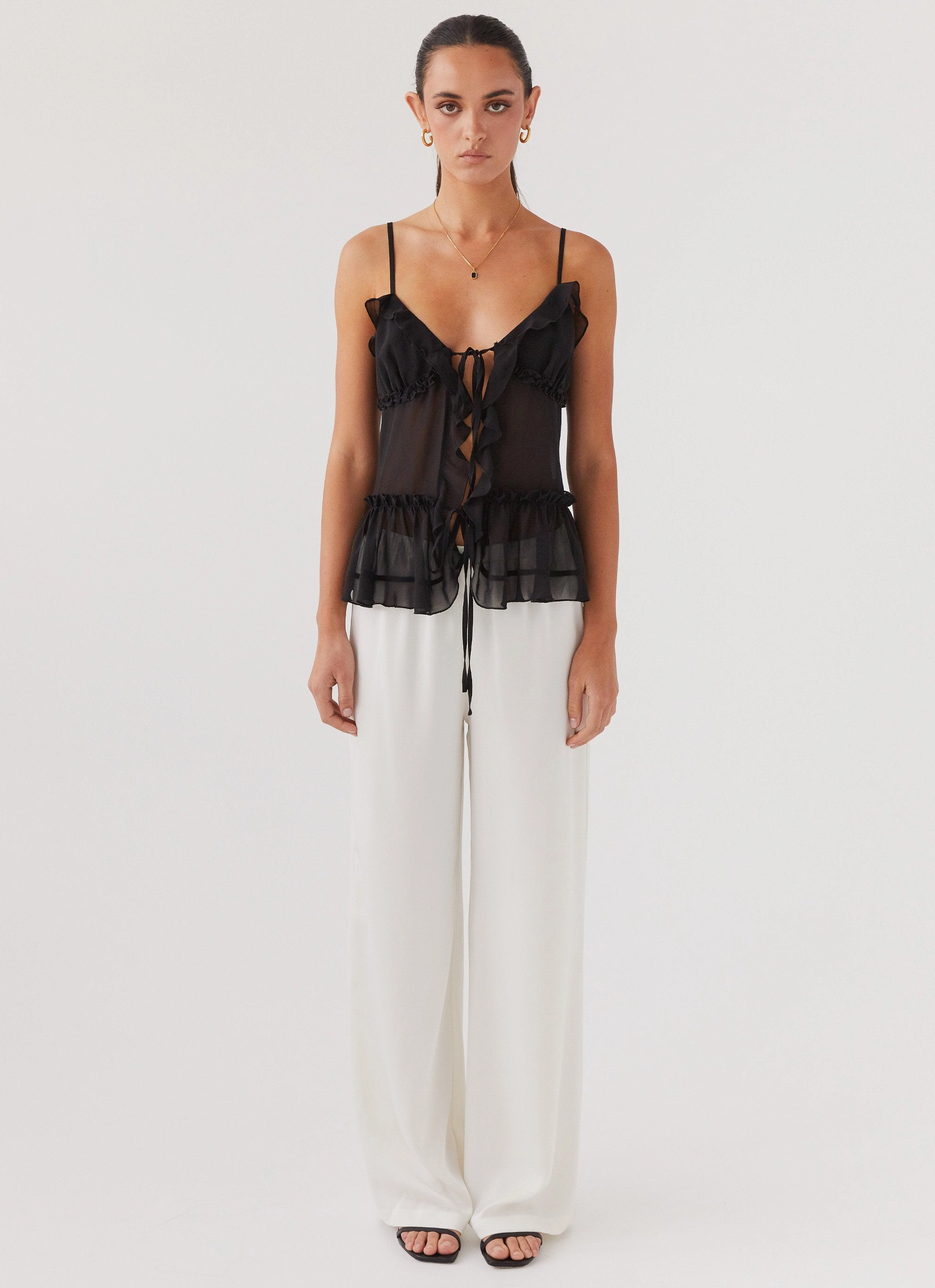 MultiPanelConstruction MicroPerforated Details Got It Bad Frill Cami Top - Black