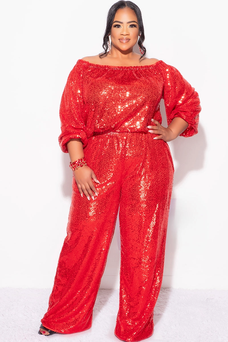 Final Sale Plus Size 2pc Sequin Top and Pants Set in Red Quick-Dry Material