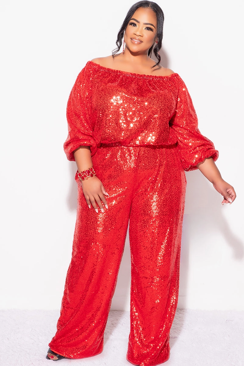 Final Sale Plus Size 2pc Sequin Top and Pants Set in Red Cooling Technology