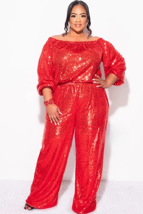 Final Sale Plus Size 2pc Sequin Top and Pants Set in Red Laser Cut Edges Bound Seam Finish