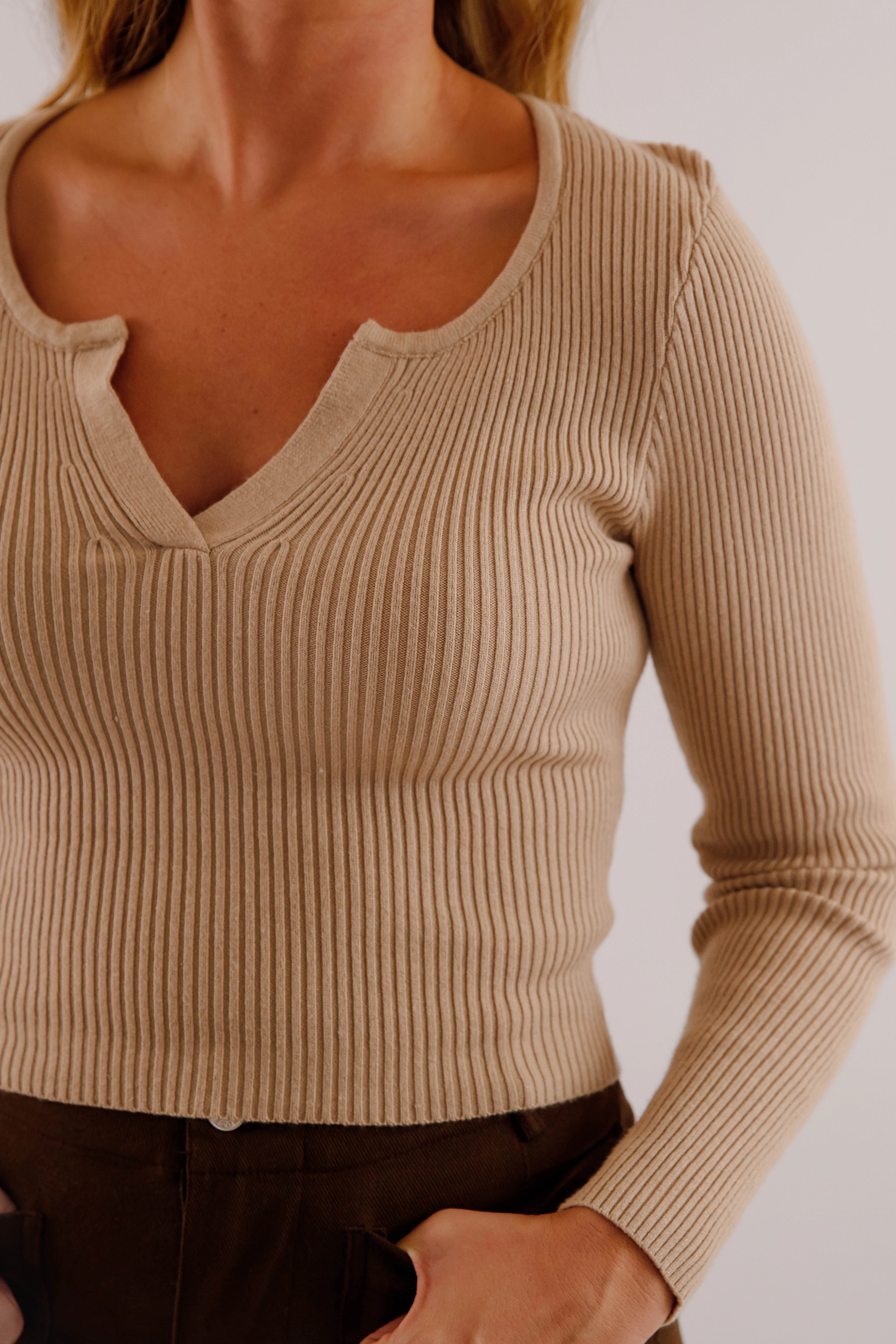 Opening Up Ribbed Top-Taupe BambooBlend Bonded Seam Technique