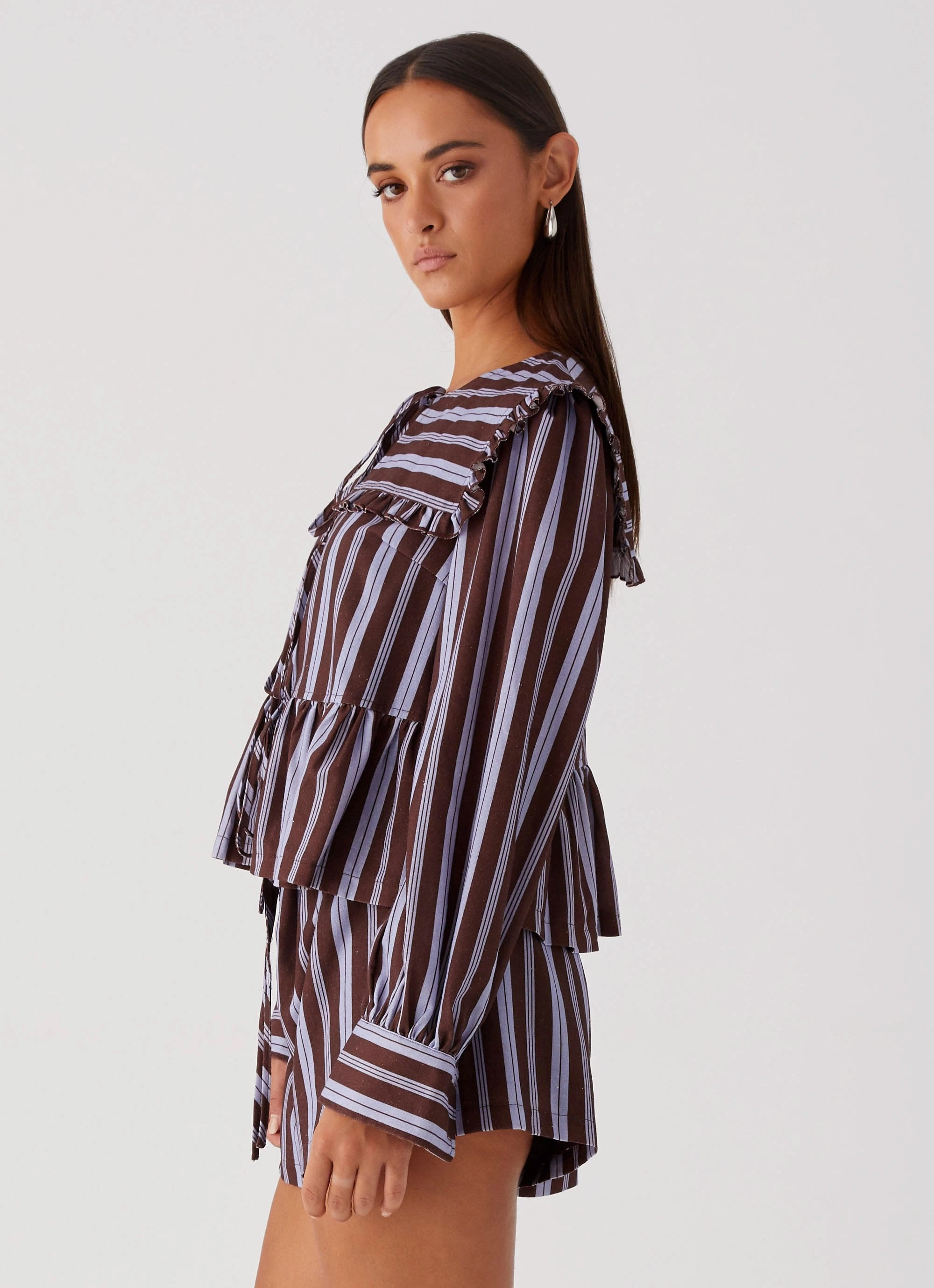 GarmentWashed Softness Emerson Tie Front Long Sleeve Top - Purple Brown Stripe